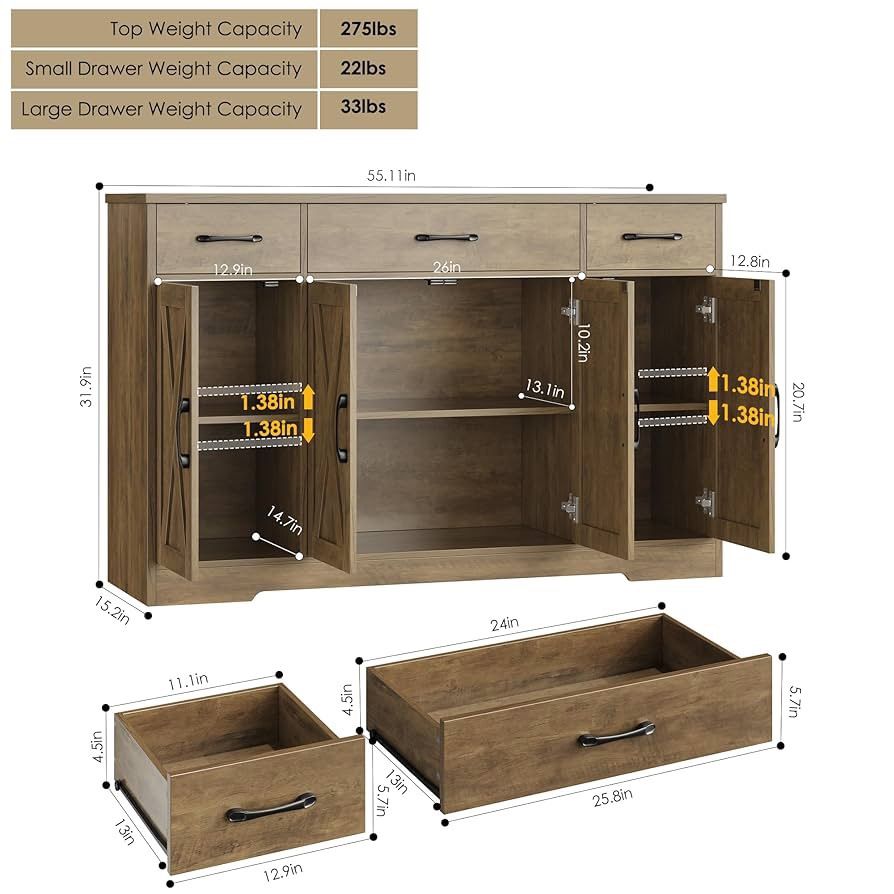 Buffet Sideboard Cabinet with Drawers, 55" Large Buffet Storage Cabinet with Shelves and Doors, Modern Farmhouse Coffee Bar Station Wood K