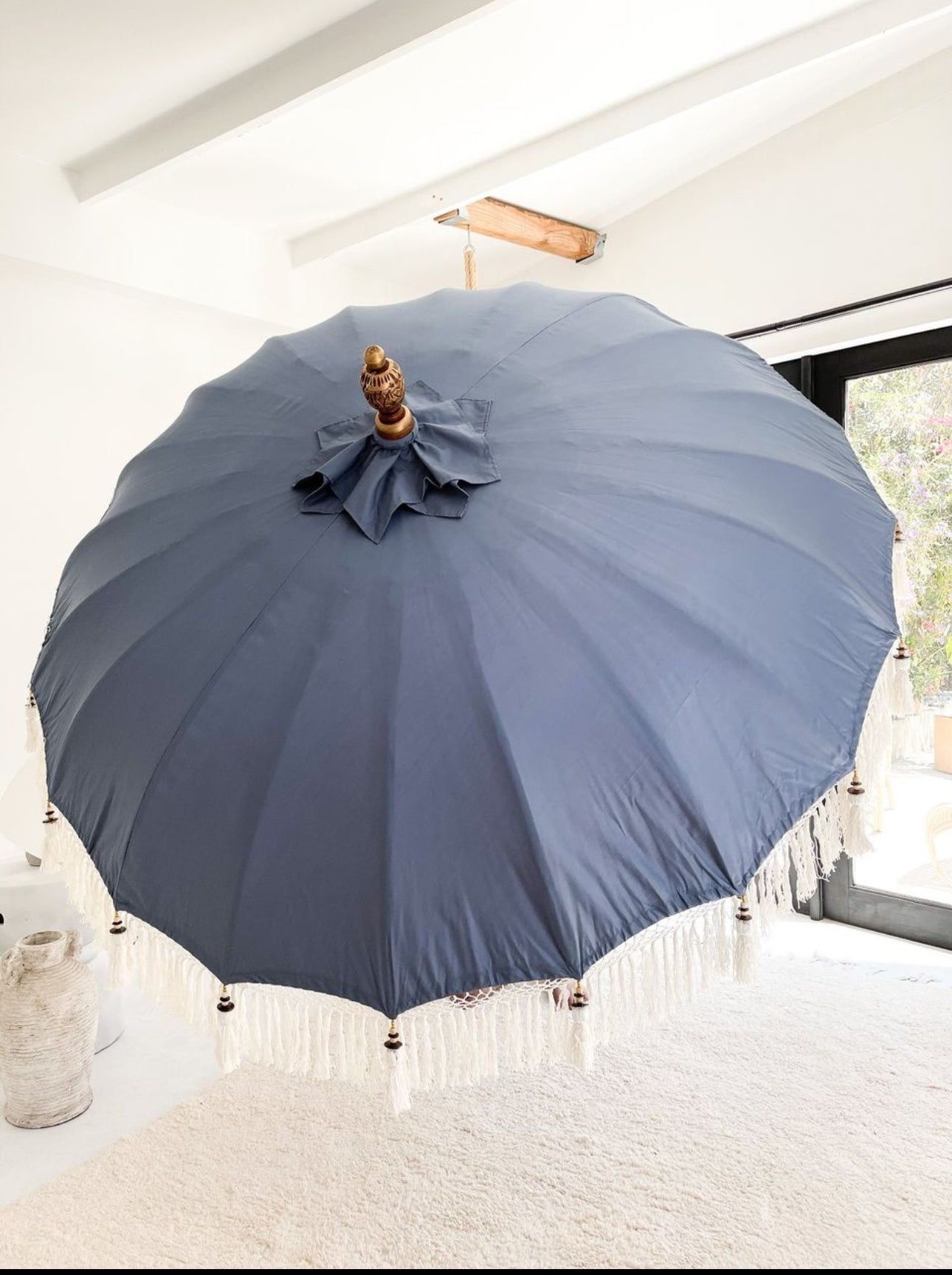 Balinese Bali Hand Made Patio, Pool, Deck, Lounging Umbrella with White Fringe Tassels - 6ft/3ft, Luxury Resort, Pop Up Events, Natural Bamboo