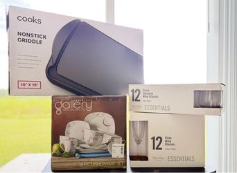 Kitchen Bundle: Griddle, Dinnerware Set, and Wine Glasses