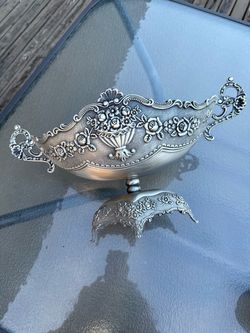 Silver-Tone Ornate Floral Footed Dish