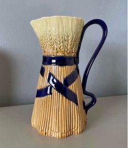 RARE 1990s Bordallo Pinheiro Blue Ribbon Banding Wheat Sheaf Pitcher