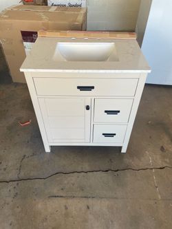 Home Decorators Collection Stanhope 31 in. Single Sink Even Better Beige Bath Vanity with Carrara White Engineered Stone Top (Assembled)