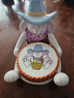 Vintage FIGI San Diego Ceramic Cowboy Bunny Easter Coaster Set of 4 with Caddy