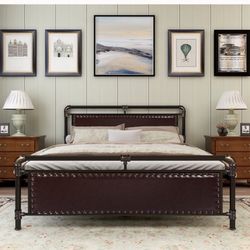 Alazyhome Full Platform Metal Bed Frame with Faux Leather Headboard