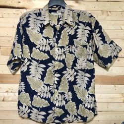 SUMMA Men’s Navy Blue Beige Silk Blend Tropical Print button Up shirt size M