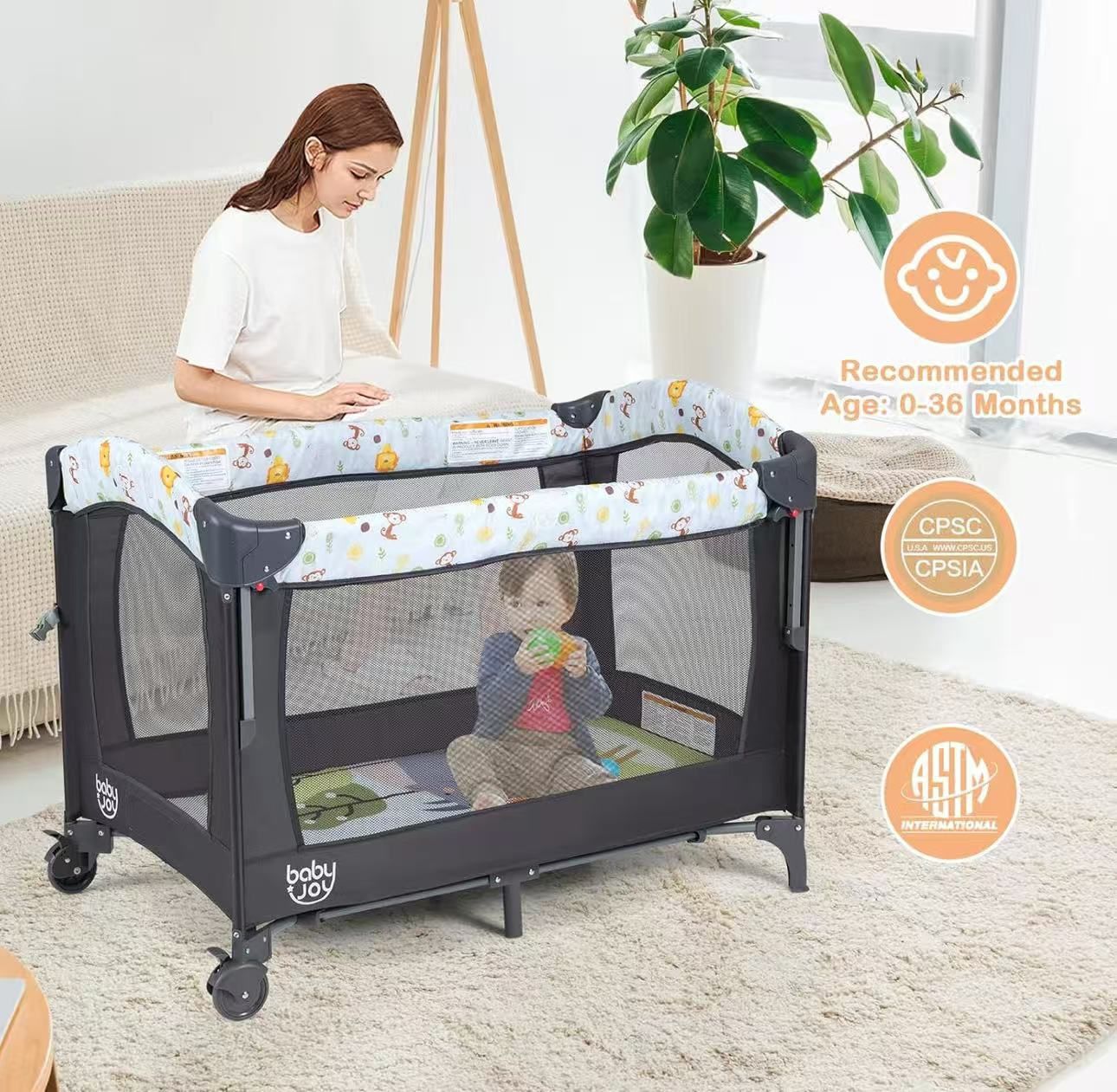 4 in 1 Pink Pack and Play, Baby Bedside Sleeper with Bassinet, 3 Adjustable Heights, Music Box, Easy to Install, Foldable Bedside Crib w/Changing Tabl