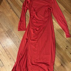 Red midi dress with ruched sides and long sleeves size small brand new 