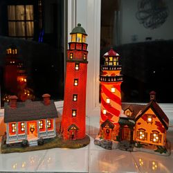 Lighted Lighthouse Christmas Village Figurine Set