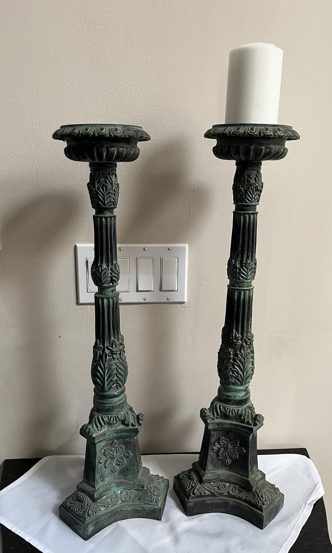 PAIR TALL BRONZE FRENCH INSPIRED CANDLE HOLDERS