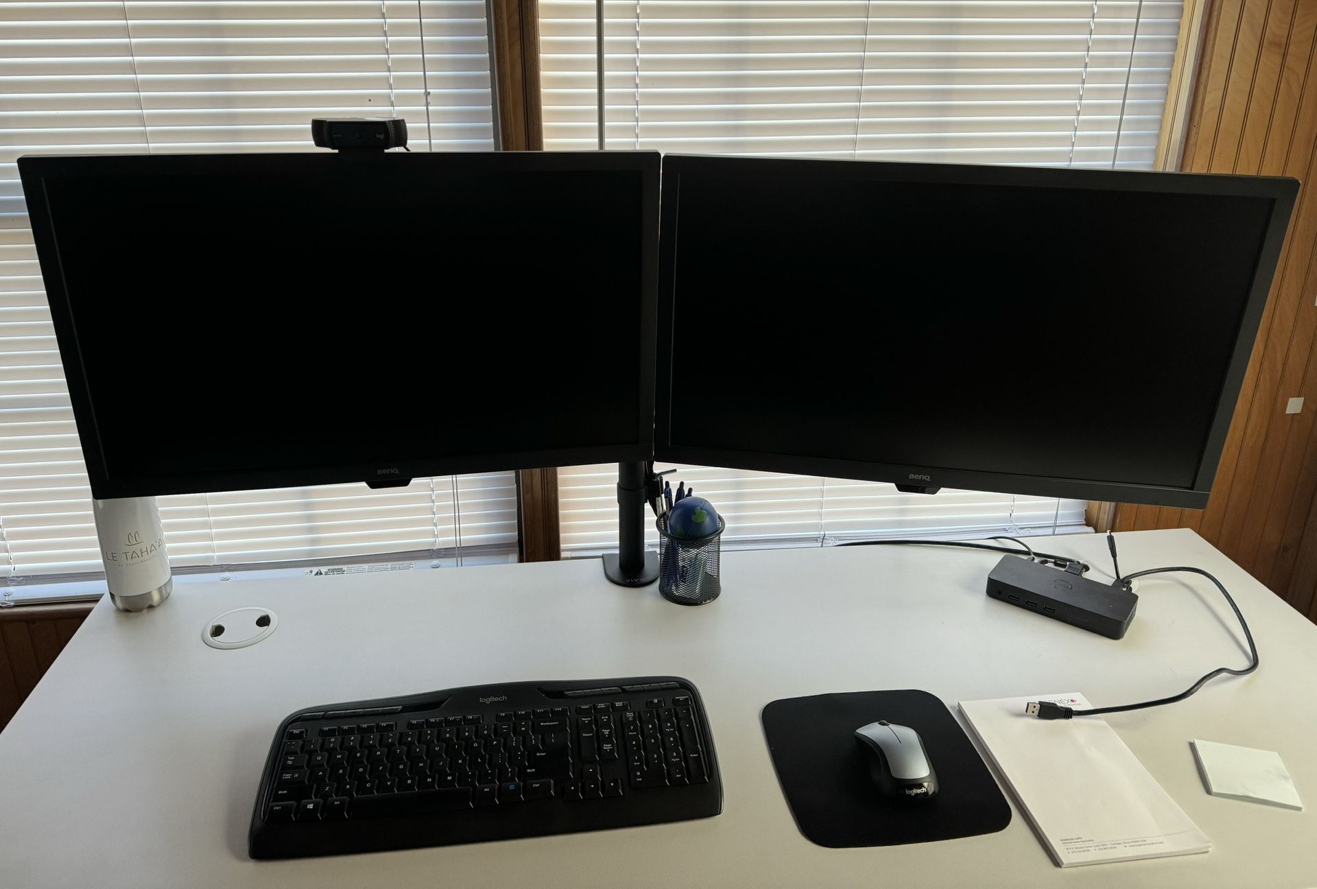 Dual Monitor w/ Webcam & Docking Station! (BenQ, Logitech, Dell) — Attach to any desk/surface