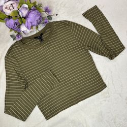 Forever 21 Olive Green Striped Long Sleeve Crop Top