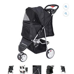  Three Wheels Pet Stroller, 360 Rotation, Folding Convertible Design, Black