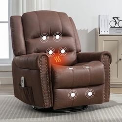 Faux Leather Rocking Recliner Sofa Chair with Massage, Heating and Nailhead Trim - Antique Brown