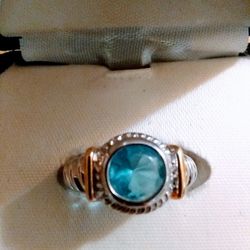 Beautiful ❤️ Aquamarine  Ring.925 Italian Silver With ,💯14  Gold Stripes On The Side🆕🆕🆕