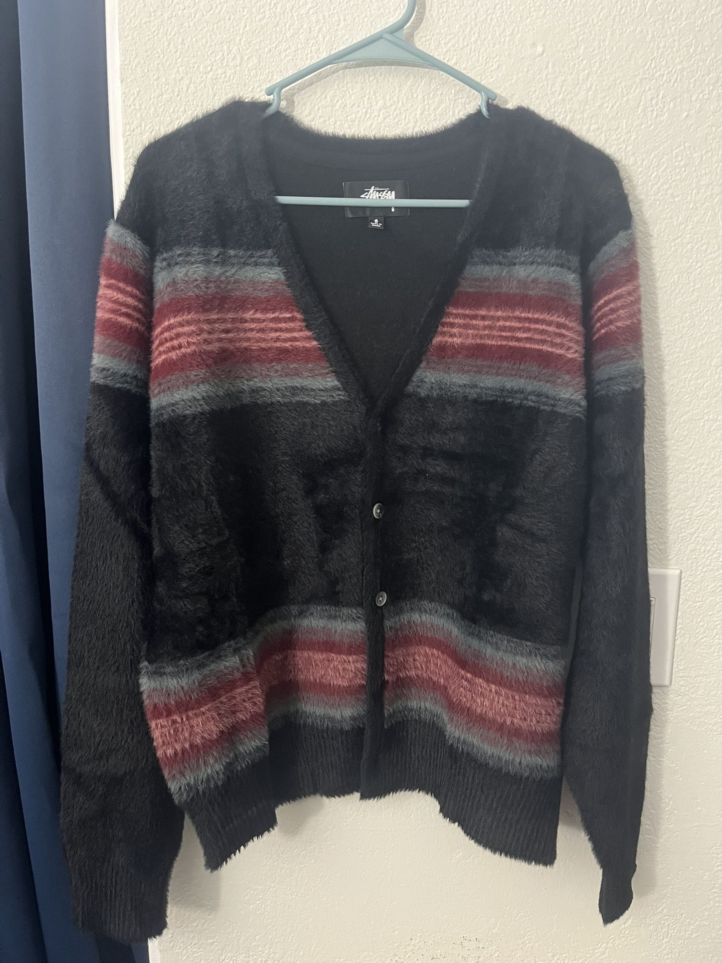 Stussy Shaggy Cardigan Sweater Mens Size S Small Fuzzy Striped Warm