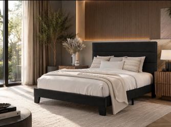 Full Size Bed Frame Platform with Velvet Upholstered Headboard and Wooden support