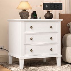 Set of 2 Wood White 3 Drawers Nightstand with Charging Station