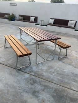 Wood Folding Table with 2 Folding Wood Benches
