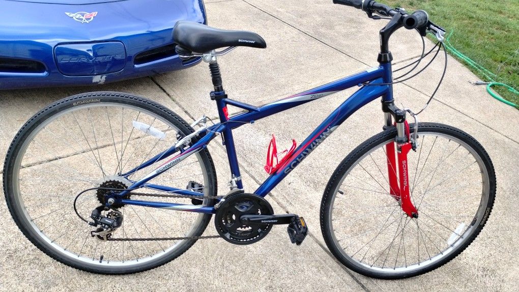 Very Nice 700c Schwinn Hybrid Bike Ready To Ride 21 Speed Front Fork Suspension Seat Shock 18.5" Medium Size Frame Needs Nothing
