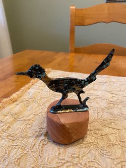Roadrunner metal sculpture on stone base. Small. 6 inch long x 5.5 inch tall. Southwest/ rustic.