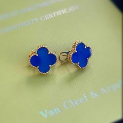 18k yellow gold Van Cleef style Alhambra Blue Agate stone clover clip back earrings