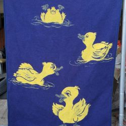 Older, Quality Made, Reversible IBENA Brand Blanket, Navy & Yellow With Ducks
