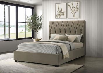Upholstered Queen Panel Platform Bed Light Brown mattress not included