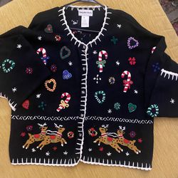 VTG Hampshire Studio Black Knit Christmas Cardigan Sweater Size XL Granny Core