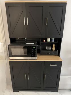 Black Kitchen Pantry Hutch / Microwave Cabinet – $175