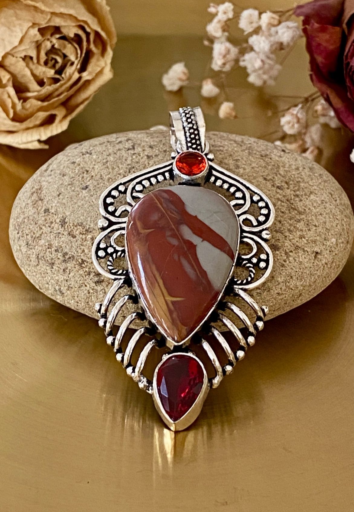 Norina Jasper And Garnet 925 Sterling Silver Overlay Hand Crafted Pendant