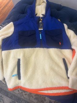Polo by Ralph Lauren Cream Sherpa Jacket with Blue Nylon Hood and Black Pockets