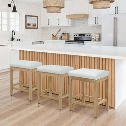 Counter Height White Bar Stools Set of 3 for Kitchen Counter Farmhouse Modern Barstools with Faux Leather Upholstered Backless Seat and Solid Wood Leg