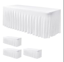 Nasitos White Table Skirt For 8 Foot Rectangle Tables, 4 Pack - 96 X 30 Inch - Stretch Spandex Fitted Table Clothes, Fabric Table Covers Cocktail Tabl