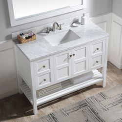 48”white single sink bathroom vanity with carrara white marble stone top