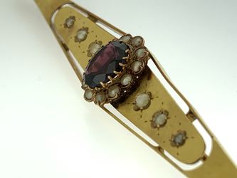 Antique Victorian 2ct Bohemian Garnet & Seed Pearls 14K Gold Lrg Brooch Pin RARE