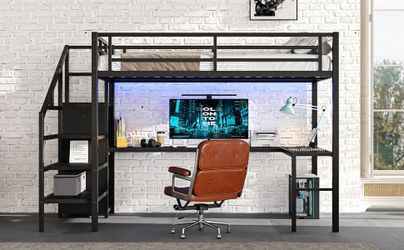 Full Size Loft Bed with L-shaped Desk and USB, Metal Loft Bed with Wardrobe and Adjustable Shelf, High Loft Bed with LED for Kids Teens Adults, Black