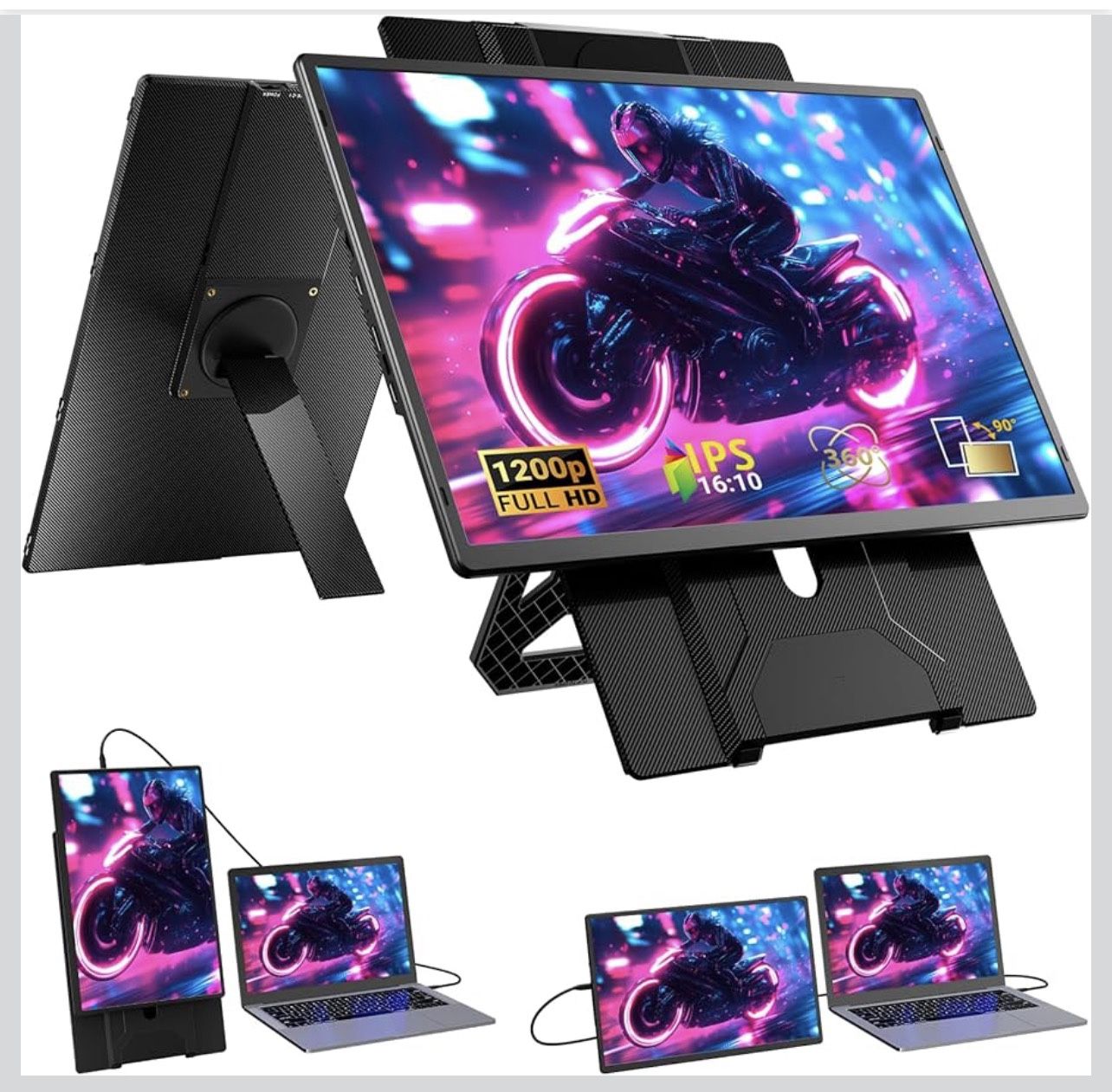 16.1" Laptop Screen Extender, 1200P FHD Portable Monitor for Laptop, 360° Rotating, Plug & Play, Detachable Stand, Height Adjustable, Seamless Frame,