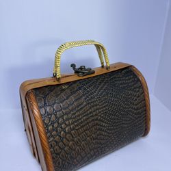 Vintage Handmade Brown Wood and Croc Embossed Leather Purse 7 x 5 x 4.5"