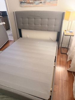 Queen Bed Frame with Gray Upholstered Headboard, Platform Support & 5” Riser