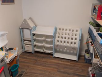 Toy Organizer, Whiteboard, and Bookshelf