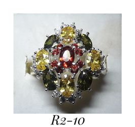 .925 Sterling Silver Garnet, Citrine, Peridot & White Topaz Cocktail Ring. Size 10