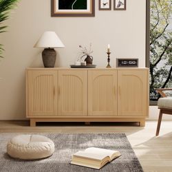 63" Modern Japandi Sideboard - Natural Oak Finish with Fluted Arched Doors - 8003