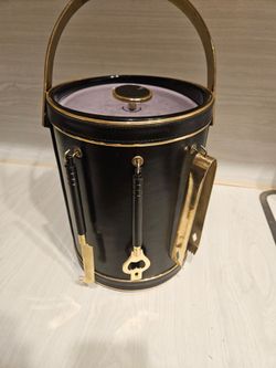 Vintage Mid-Century Black & Brass Ice Bucket w/ Hanging Bar Tools Set