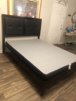 Espresso color queen leather bed frame with box spring