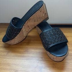 Tory Burch Slide Mule Wedge 7 Heel Sandal Navy Blue Cork Summer New 