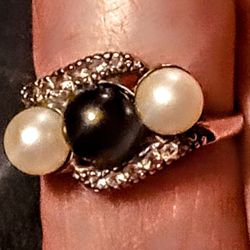 Three Pearls and Diamond Ring