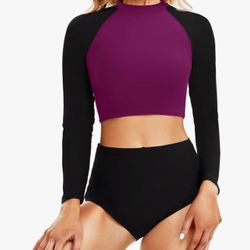 Pinup Fashion Long Sleeve Rash Guard - 2 Piece Swimsuit Bathing Suit Small