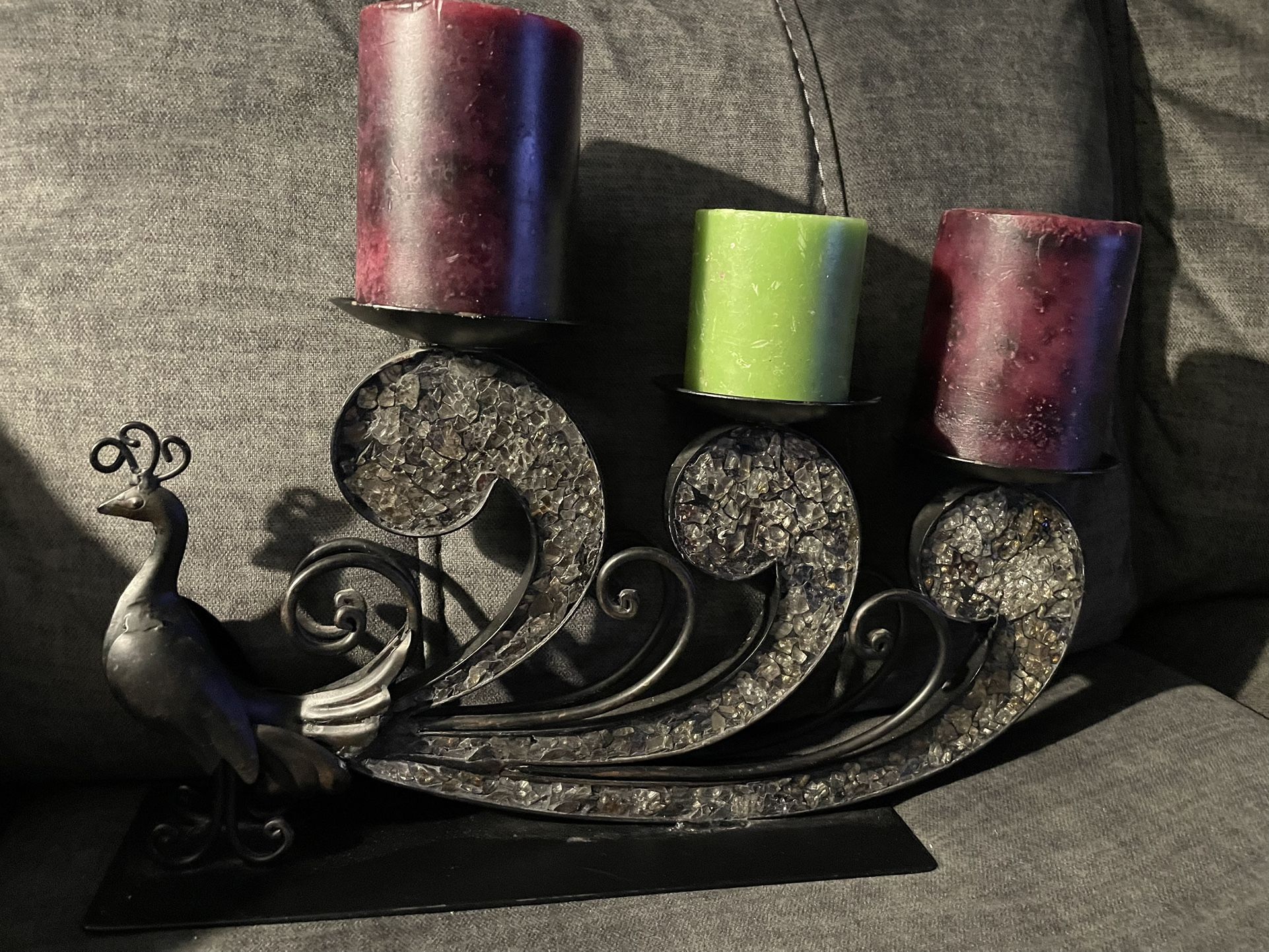 Pier One Black Metal Mosaic Glass 🦚 Peacock Three Pillar Candle 🕯️ Holder