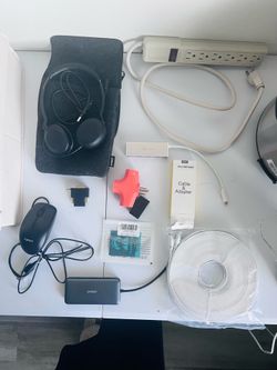 Headset, mouse, USB cable, adapters, power surge and more.