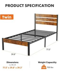 Twin Bed Frame with Headboard Metal Platform Bed Rustic Wood No Box Spring Easy Assembly